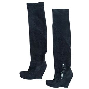 Rick Owens  Black Thigh High Textured Velvet and leather Wedge Boots sz. 37